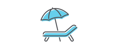 Illustration of a blue lounge chair with a matching beach umbrella. The chair is reclined, and the umbrella is positioned to provide shade. The design is minimalist, featuring simple lines and shapes.