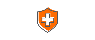 An orange shield with a black outline and a black cross in the center, symbolizing protection or healthcare. The design is simple and minimalist.