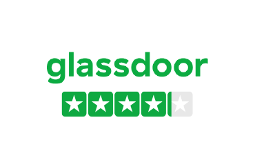 The Glassdoor logo is displayed in green text above a rating of four out of five stars, with the first four stars filled in green and the fifth star as an outline.