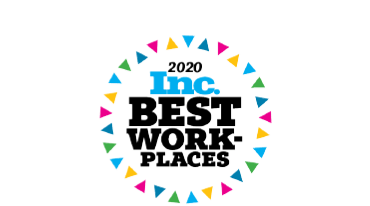 The image shows a circular logo for 2020 Inc. Best Workplaces, surrounded by colorful triangles.