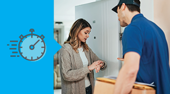 A delivery person in a blue shirt and cap hands a package to a woman checking her watch, highlighting small business shipping efficiency. A stopwatch icon with speed lines appears on the left, suggesting quick delivery.