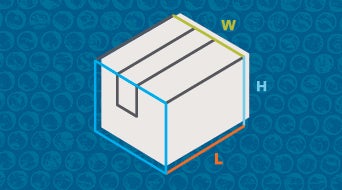 Illustration of a 3D box perfect for small business shipping, with dimensions marked: length (L) in orange at the base, width (W) in yellow on top, and height (H) in blue on the side, set against a blue patterned background.