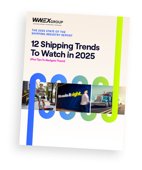 Cover of a report titled 12 Shipping Trends To Watch in 2025 by WWEX Group. Featuring images of shipping containers, trucks, and a worker, it highlights logistics trends. Subtitle: Plus Tips To Navigate Them. Bright colors and modern design elements enhance its appeal.