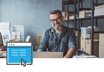 A man with a beard and glasses smiles while working on a laptop in an office filled with shelves and boxes. The SpeedShip logo is displayed next to a graphic overlay of a webpage and cursor icon in the bottom left corner, hinting at efficient logistics solutions.