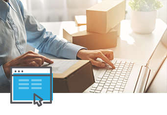 A person in a blue shirt types on a laptop at a white desk, surrounded by cardboard boxes ready for UPS Shipping. A potted plant adds a touch of green, while an overlay of a blue icon with a computer screen and cursor sits in the corner.